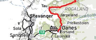 Figur 13: Nasjonal turistveg Ryfylke (utsnitt) Nasjonal turistveg i Ryfylke stopper på Oanes kai, men er vist med ferjeforbindelse videre til Sandnes.
