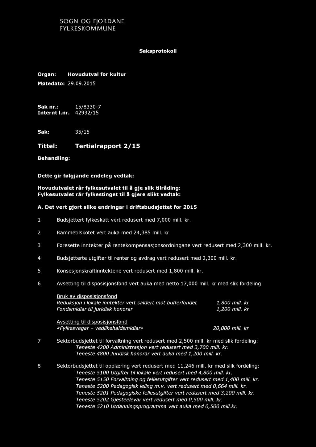 42932 / 15 Sak: 35 / 15 Tittel: Tertialrapport 2/15 Behandling: Dette gir følgjande endeleg vedtak: Hovudutvalet rår fylkesutvalet til å gje slik tilråding: Fylkesutvalet rår fylkestinget til å gjere