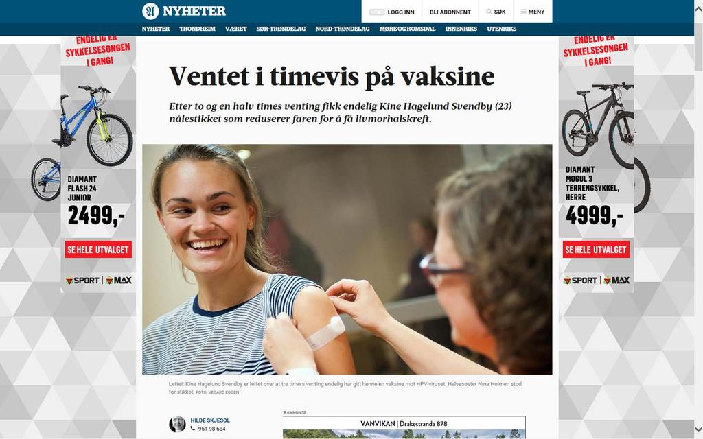 19 Adresseavisen 3.november: fokuserer på ventetiden, men positiv ung kvinne som blir intervjuet. Artikkelen er informativ og gir god informasjon om tilbudet om gratis HPV vaksine og om vårt tilbud.