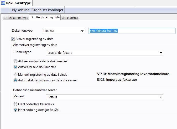 NB: Det er viktig å sørge for at filstørrelse økes til 10000, da elektroniske fakturaer på EHF-format kan være ganske store på grunn av pdf-vedlegg i XML-filene. Ingen indekser legges til.