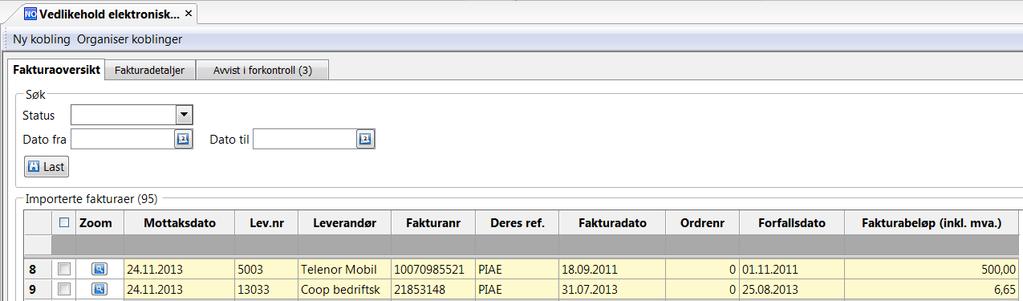 Vedlikehold elektronisk faktura Generelt Her følger en kort forklaring og eksempler på anbefalt oppsett og bruk av skjermbildet for Vedlikehold elektronisk faktura (TEIN001).