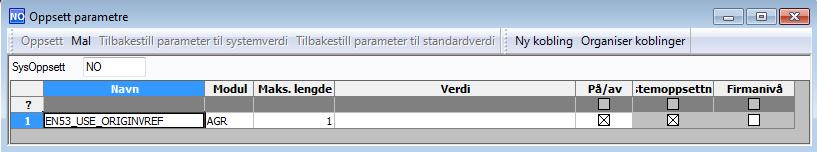 Systemparameter EN53_USE_ORIGINVREF Denne parameteren forteller systemet hvorvidt man ønsker å koble importerte kreditnotaer mot eksisterende fakturaer.