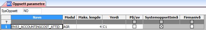 Systemparameter EN53_ACCOUNTINGCOST_ATTID Denne systemparameter styrer om man ønsker at verdier som blir levert i EHF fakturaens AccountingCost felt skal overføres til riktig dimensjonsverdi (att_id