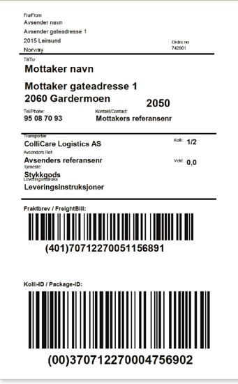 TJENESTER Merking av gods Standard transportetikett Alle kolli skal være tydelig merket og i samsvar med elektronisk overført sendingsinformasjon.