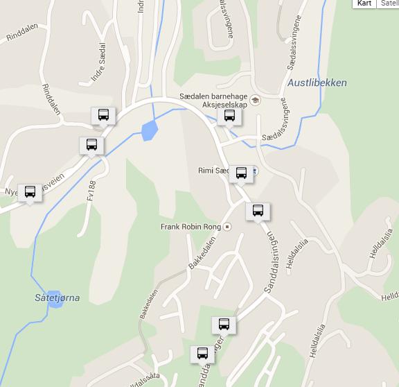 Figur 6: Plassering av bussholdeplasser, kilde: skyss.no Et forslag er å la rutebuss bruke holdeplass Helldalslia, og stenge holdeplass Sædal snuplass for ordinær busstransport.