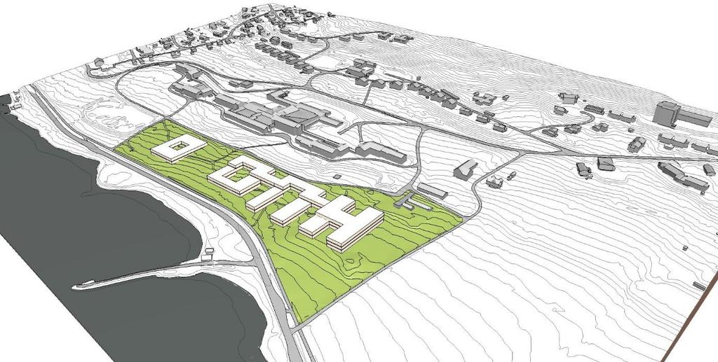 3D-illustrasjon mulig bebyggelse Området omfatter del av eiendom gnr/bnr 8/56 på vestsiden av eksisterende sykehus mot Kvaløyvegen. Mulig tomteareal ca. m2.