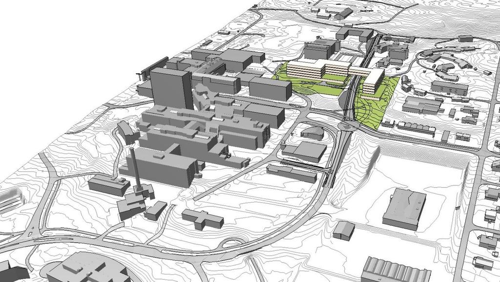 3D-illustrasjon mulig bebyggelse Lokaliteten er en del av sykehusets eiendom gnr/bnr 24/86.