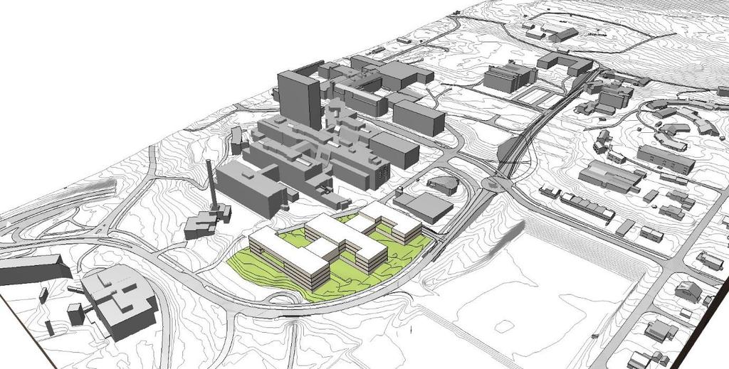 3D-illustrasjon mulig bebyggelse Lokaliteten er en del av sykehusets eiendom gnr/bnr 24/86. Området ligger på nordsiden av dagens sykehusbygg og nedenfor helikopterlandingsplassen til UNN.