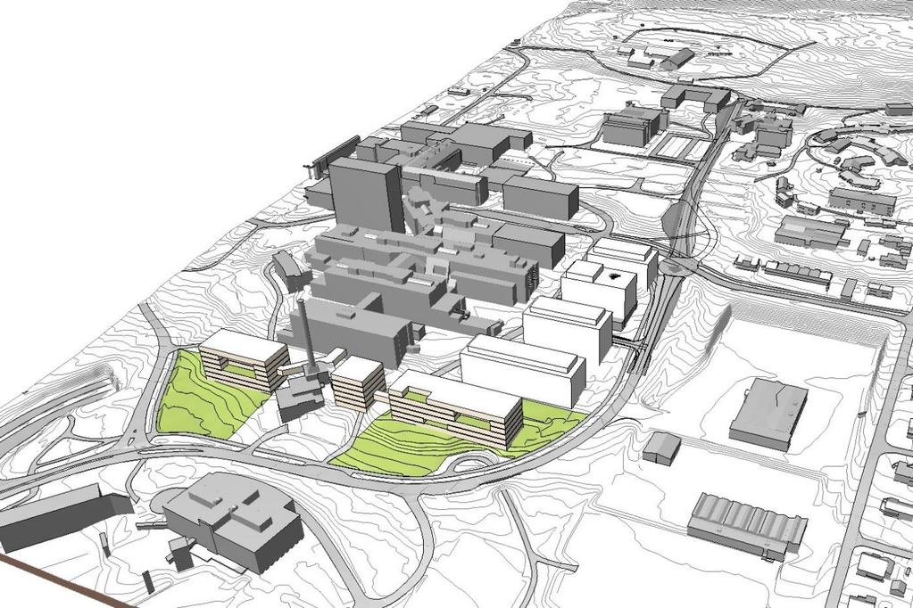 3D-illustrasjon mulig bebyggelse Lokaliteten er en del av sykehusets eiendom gnr/bnr 24/86. Området ligger på østsiden av dagens sykehusbygg. Det gamle pasienthotellet ligger innenfor området.