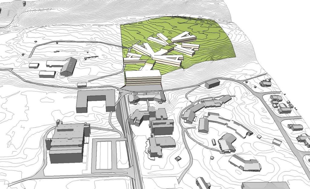 3D-illustrasjon mulig bebyggelse Lokaliteten er en del av eiendom gnr/bnr 24/28 Universitetet er eier. Området ligger på vestsiden/ oversiden av BUP. Mulig tomteareal ca. 32. m2.