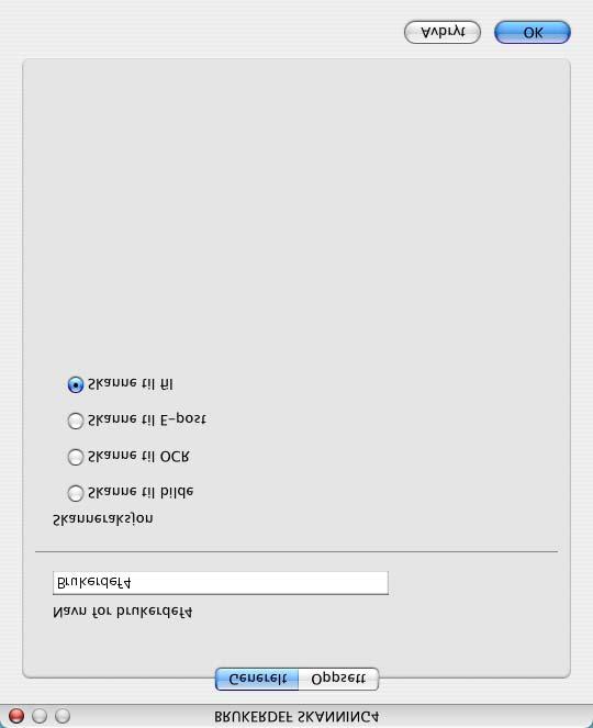 Skanne til fil: På fanen Generelt Du kan taste inne et navn på inntil 30 tegn i Navn for brukerdefinert feltet. Dette navnet vil vises som knappenavnet. Velg skanningstype fra feltet Skanneraksjon.
