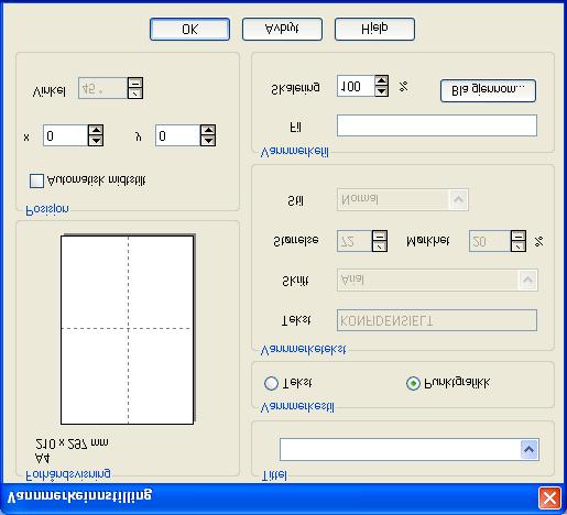 Skriv ut vannmerke Funksjonen Skriv ut vannmerke gir følgende valg ved utskrift: På alle sidene Bare på første side Fra andre side Tilpasset Bruk på andre kopi (kun sammenligne) (for Windows