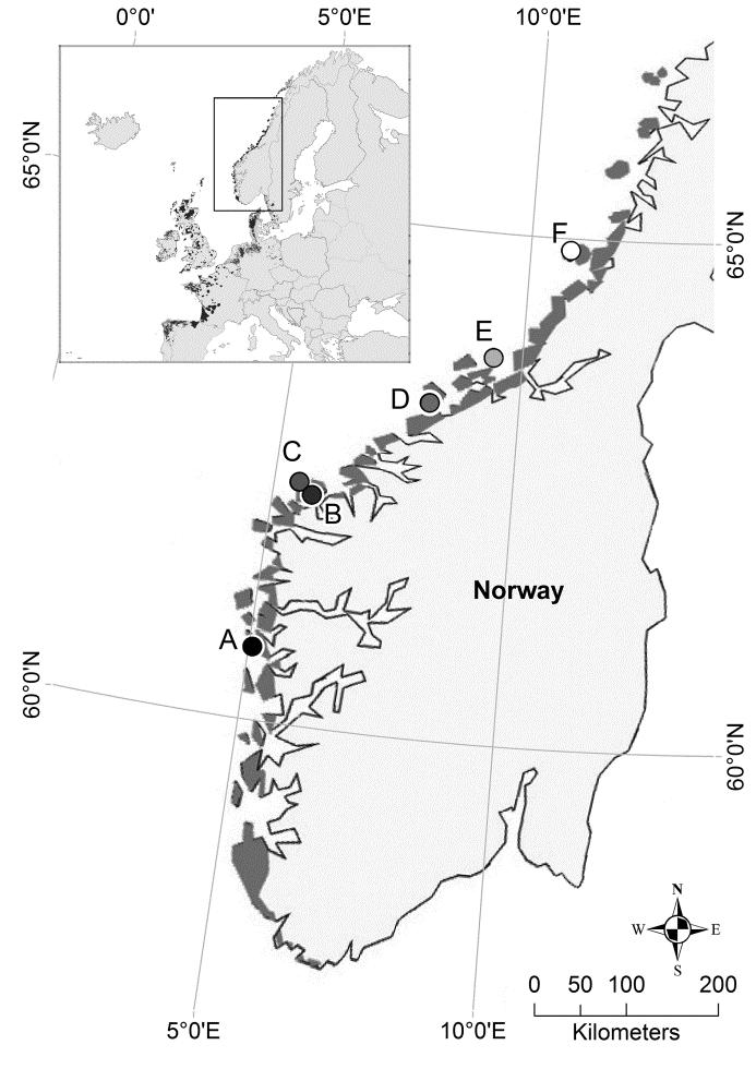 Figur 4. Seks kystlyngheilokaliteter som danner grunnlag for datasettene benyttet for å finne indikatorer for naturtypen kystlynghei.