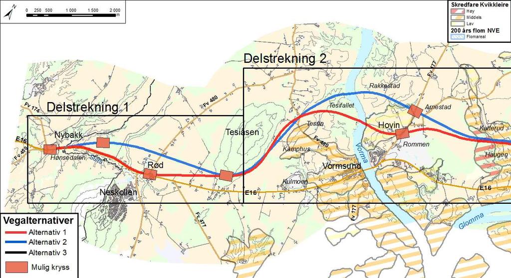 14/34 FORELØPIG VURDERING AV ALTERNATIVER 3.2.8 Tekniske aspekter Alternativ 1 Alternativ 2 Lengde på ny E16: 4 400 meter.