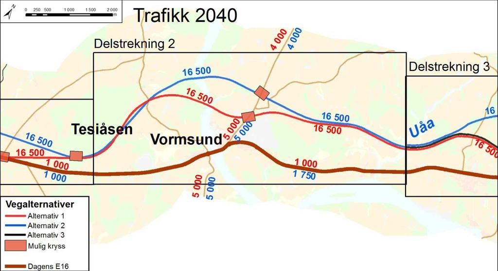 16/34 FORELØPIG VURDERING AV ALTERNATIVER 3.3.2 Trafikk I dagens situasjon er trafikkmengden på E16 vest for Vormsund ca. ÅDT 13 000. Øst for Vormsund har E16 en ÅDT på 8 800.