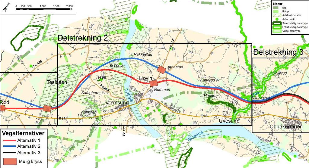 FORELØPIG VURDERING AV ALTERNATIVER 21/34 3.3.7 Naturmiljø Alternativ 1 Alternativ 2 Traseen berører område hvor det nylig er registrert en kritisk truet art (åkerrikse).