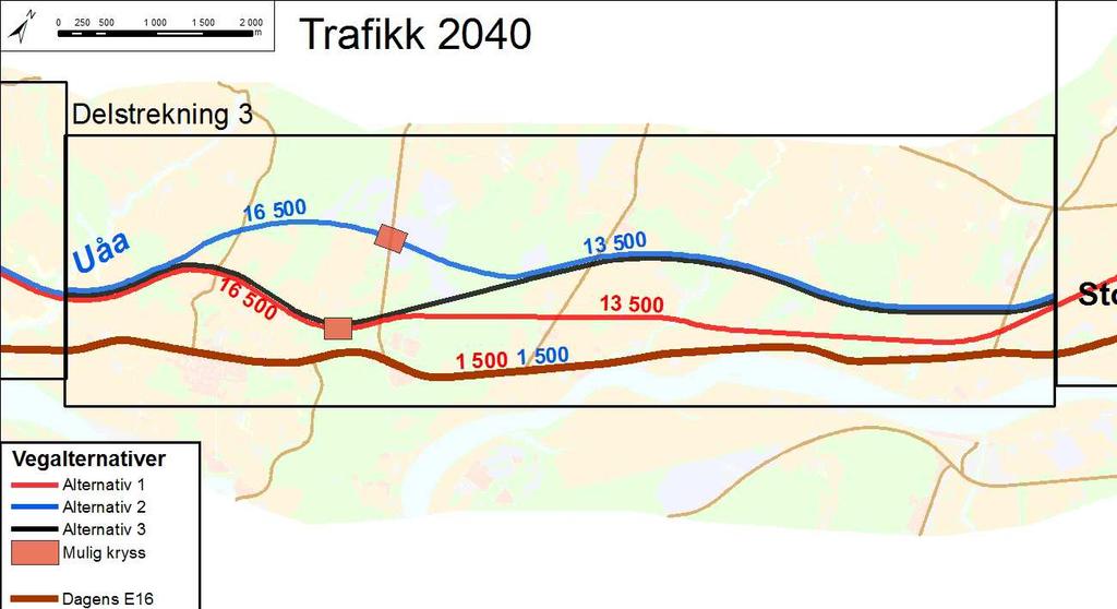 26/34 FORELØPIG VURDERING AV ALTERNATIVER 3.4.2 Trafikk I dagens situasjon er trafikkmengden på E16 vest for Herbergåsen ca. ÅDT 8 800. Øst for Herbergåsen har E16 i dag en ÅDT på 8 300.