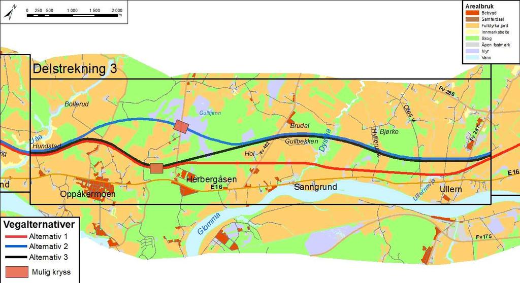 FORELØPIG VURDERING AV ALTERNATIVER 27/34 3.4.3 Jordbruk/arealbeslag Alternativ 1 Alternativ 2 Alternativ 3 Lengde vegstrekning på dyrket mark er ca. 6 600 meter, utgjør ca. 200 dekar.