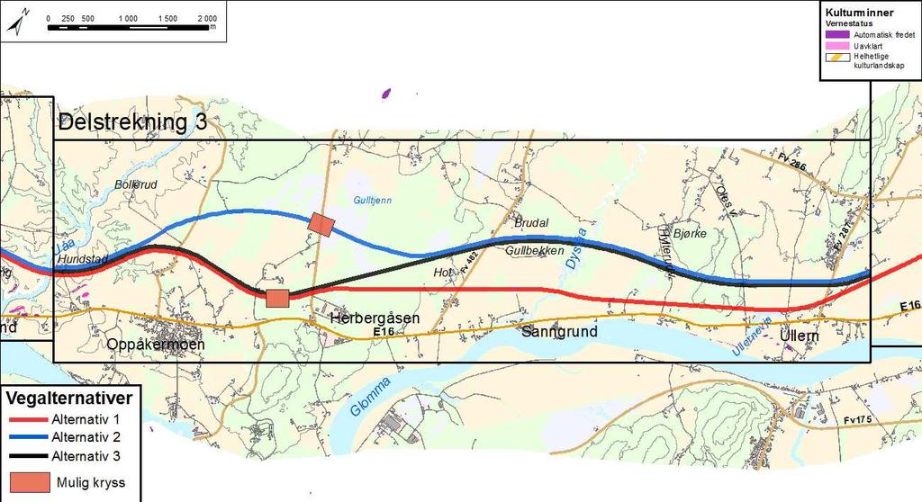 30/34 FORELØPIG VURDERING AV ALTERNATIVER 3.4.6 Kulturmiljø Alternativ 1 Alternativ 2 Alternativ 3 Traseen går i nærføring til område med automatisk fredete kulturminner ved Hundstad gård og Ullern/Disenområdet.