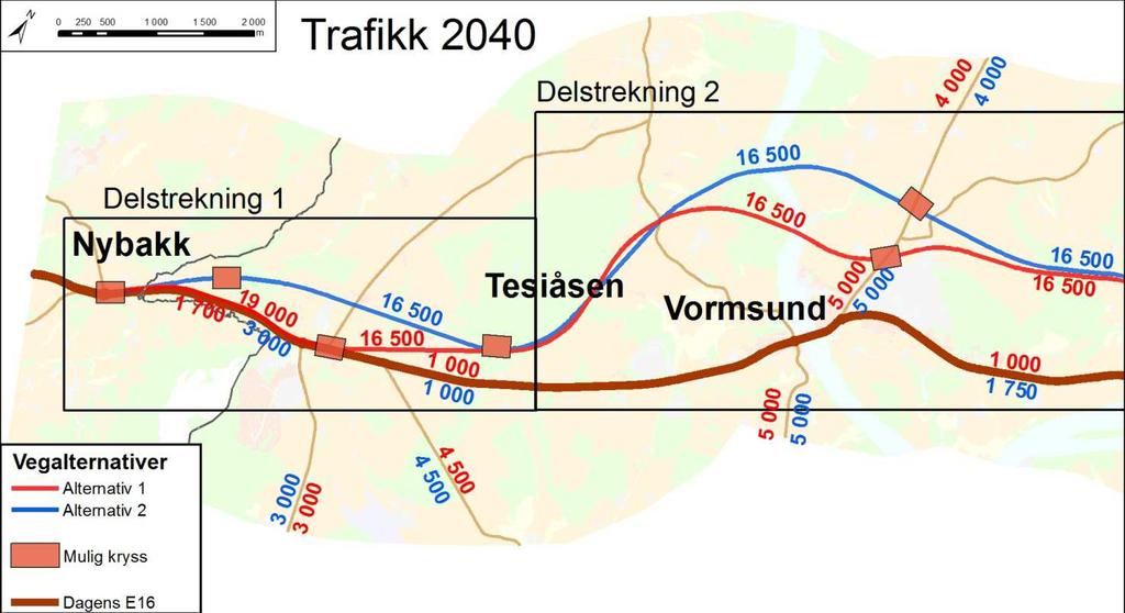 8/34 FORELØPIG VURDERING AV ALTERNATIVER 3.2.2 Trafikk I dagens situasjon er trafikkmengden mellom Nybakk og Rød og mellom Rød og Vormsund ca. ÅDT 13 000.