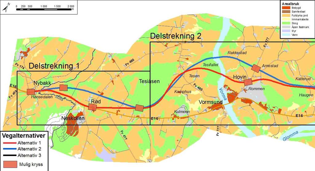 FORELØPIG VURDERING AV ALTERNATIVER 9/34 3.2.3 Jordbruk/arealbeslag Alternativ 1 Alternativ 2 Lengde vegstrekning på dyrket mark er 3 600 meter, utgjør ca. 110 dekar.