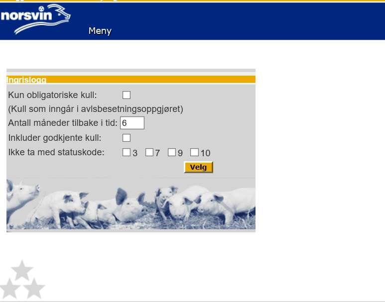 Ingris statuslogg Dette er et verktøy for enkelt å kunne følge opp datakvaliteten i egen besetning Her vises status for alle kull etter purker hvor det er registrert grising, fom grising og fram til