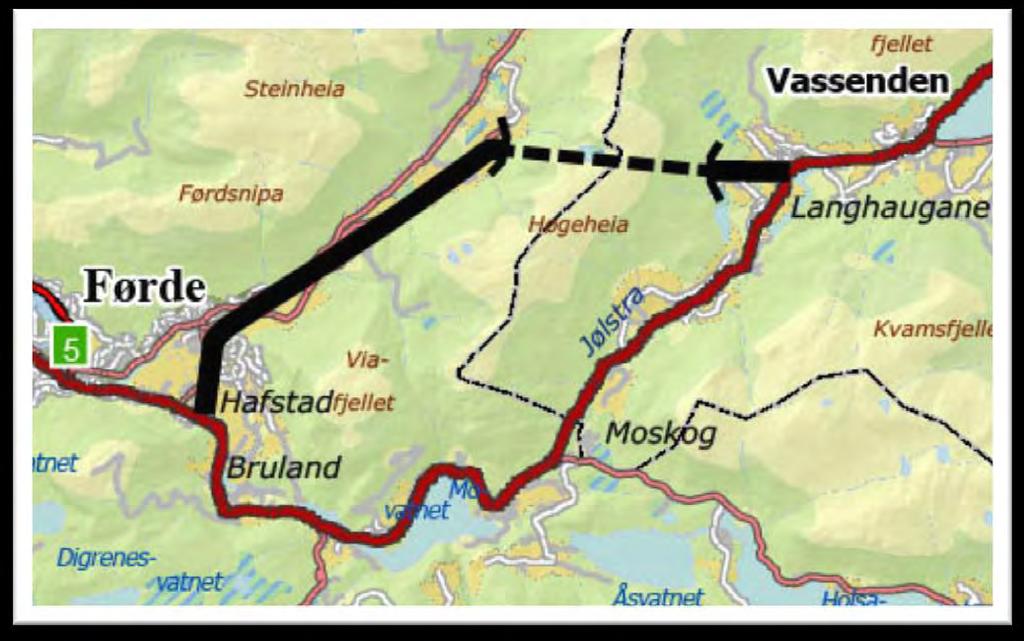 Mot Jølster via Angedalen Nokre har og sendt innspel om at E39 bør flyttast inn i Angedalen, og så, via ein tunnel, gå over til Jølster i området Hjelmbrekka/Langhaugane.