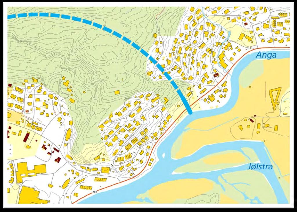 Ny veg med tunnell i området ved Angedalsvegen vil måtta krysse elva Jølstra denne har to løp i tillegg til Prestholmen og elva Anga. Kjem ut langs Angedalsvegen på det minst tettbygde området.