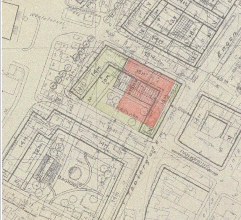 Plan nr. 10640000 Bergenhus. Nøstetorget-Komediebakken omregulering av kvart tomt for Sentralbad. I kraft 10.03.1952 Sentralbadet er vist med rød ring.