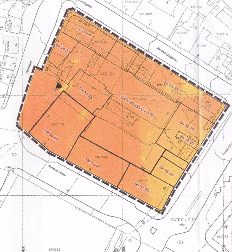 Plan nr. 15480000 Bergenhus. Gnr. 165 bnr. 159 m. fl. Jonsvollskvartalet. I kraft 20.09.1999. (til venstre) Plan nr. 60370000 Bergenhus. Gnr. 165 bnr. 158 m. fl. Jonsvollskvartalet. Under arbeid (til høyre) Sentralbadet er vist med rød ring.