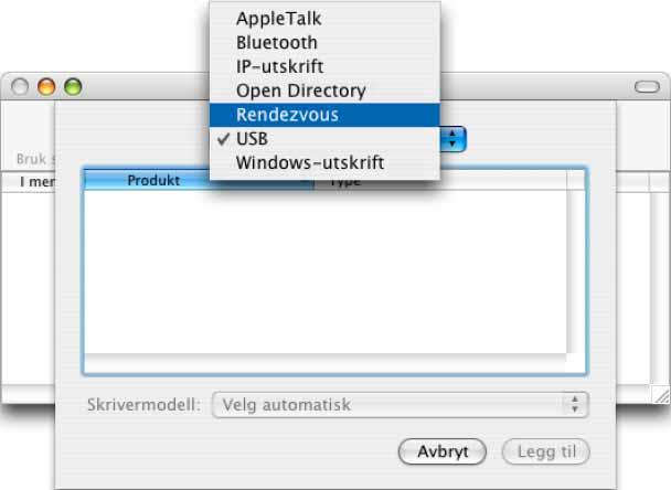 Ved bruk av USB-grensesnittkabel 9 For Mac OS X 10.3.9 Klikk på [Legg til] og velg "USB" øverst på skjermen.