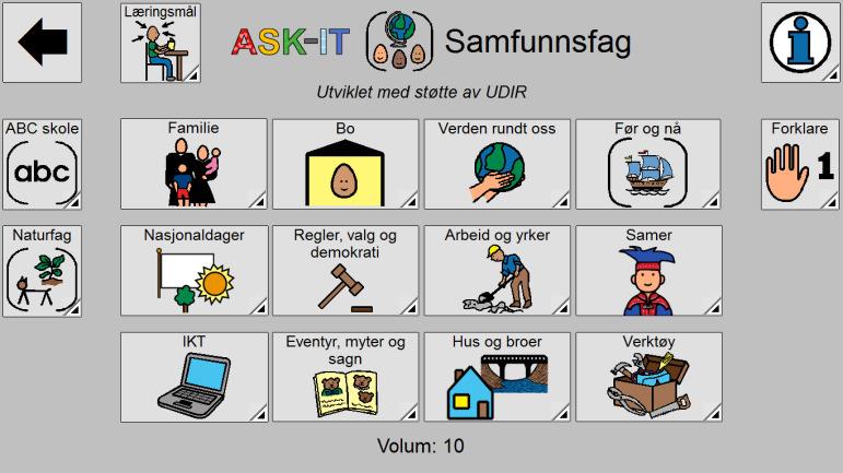 ASK-IT SAMFUNNSFAG Forsiden Forside med enkel tilgang til: 11 Kapitler med ulike temaer. Tilbake til forsiden i ASK-IT Samfunnsfag, maks tre trykk.