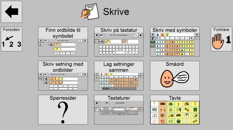 Skrive Forsiden - Skrive Finn ordbilde til symbolet Skriv på tastatur Skriv med symboler Skriv setning med ordbilder Lag setninger sammen Tastaturer Ved å klikke på pilen øverst til høyre kommer man