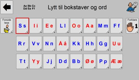 Lese- og skriveopplæring Gjennom langsom progresjon Læringsmål lærer å gjenkjenne og skille og gjenskape de ulike; bokstavlydene bokstavformene Trekker sammen lydene i leseopplæringen Skriver