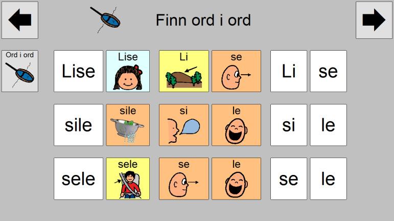 Lese Finn ord i ord Finn ord i ord Læringsmål; Lærer å lytte ut ord i ord Lærer å høre ord delt opp i deler Lærer å lese/se ordene i