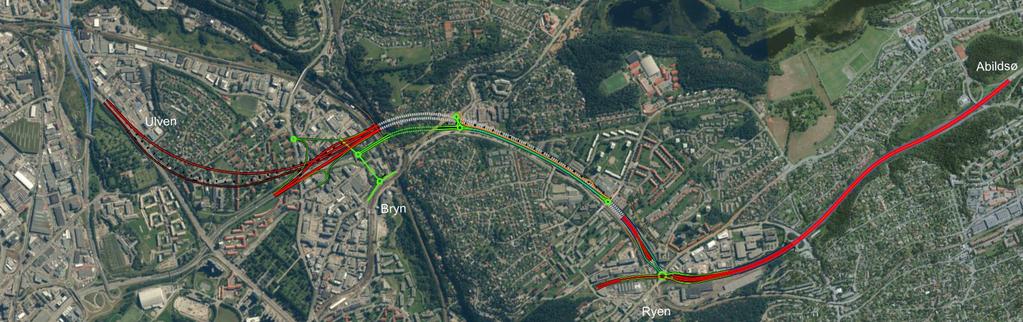 Figur 1: Oversiktstegning. Fra E6 nord ved Trosterud kommer tre felt. I Trosterudkrysset kommer det ett 4. felt på som koples til E6. Det 4. feltet fram til Ulvensplitten blir kollektivfelt.