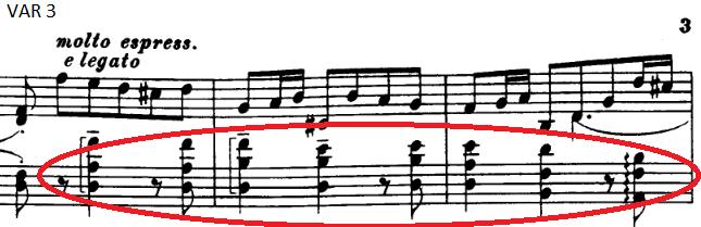 Busoni held fram med å bruke akkordar i venstrehand (eks. 5), medan høgrehanda har melodien som vi høyrer i fiolinversjonen (eks. 4).