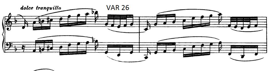 Dei første to taktene i neste variasjon (eks. 44) består av ein oppadgåande melodi, beståande av to tetrakordar, samt ein slags kommentar i eit lågare register, som igjen markerer det harmoniske.
