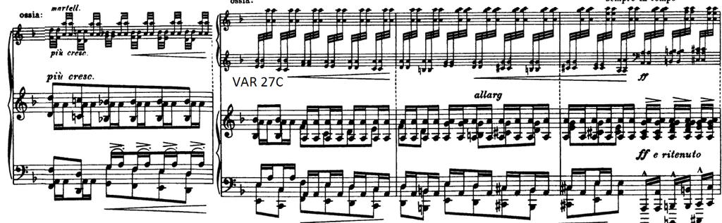 I desse siste fire taktene før neste variasjon går Bach over til å bruke ein topptone i tillegg til meloditonen, framleis med ostinat-tonen mellom desse: Eks. 49: Bach, t.