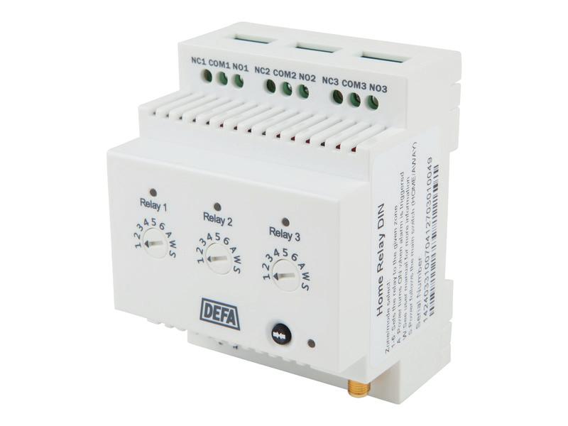 Relay DIN DEFA Home Relay DIN er en 230V releenhet med trådløs kommunikasjon, for montering i sikringsbokser som bruker DIN-skinne.