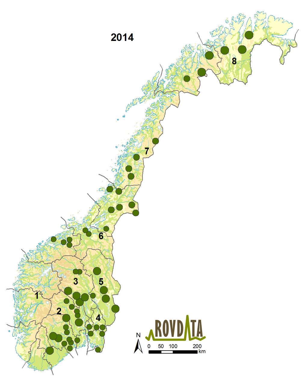 Figur 5. Forvaltningsregionene og fordelingen av familiegruppene i 2014.