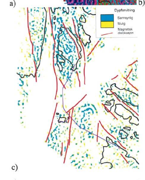 Side: 27 Figur 11. Tolket magnetisk dislokasjon er markert med røde linjer. Blå flekker er sannsynlig dypforvitring. Gule flekker er mulig dypforvitring. Etter NGU-rapport 2006.
