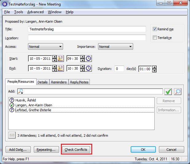 Hvis du da prøver å trykke på Check Conflict vil du