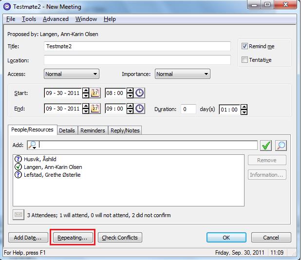Opprette et repeterende møte Søk opp de personene