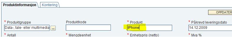 Anleggs- og Utstyrsregistrering Feltet Produkt er navnet som videreføres til tekstfeltet i Basware IP og som deretter blir en del av beskrivelsen på selve anlegget.