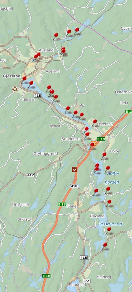 Her er det markert en del bekker og småelver oppstrøms Stifoss.