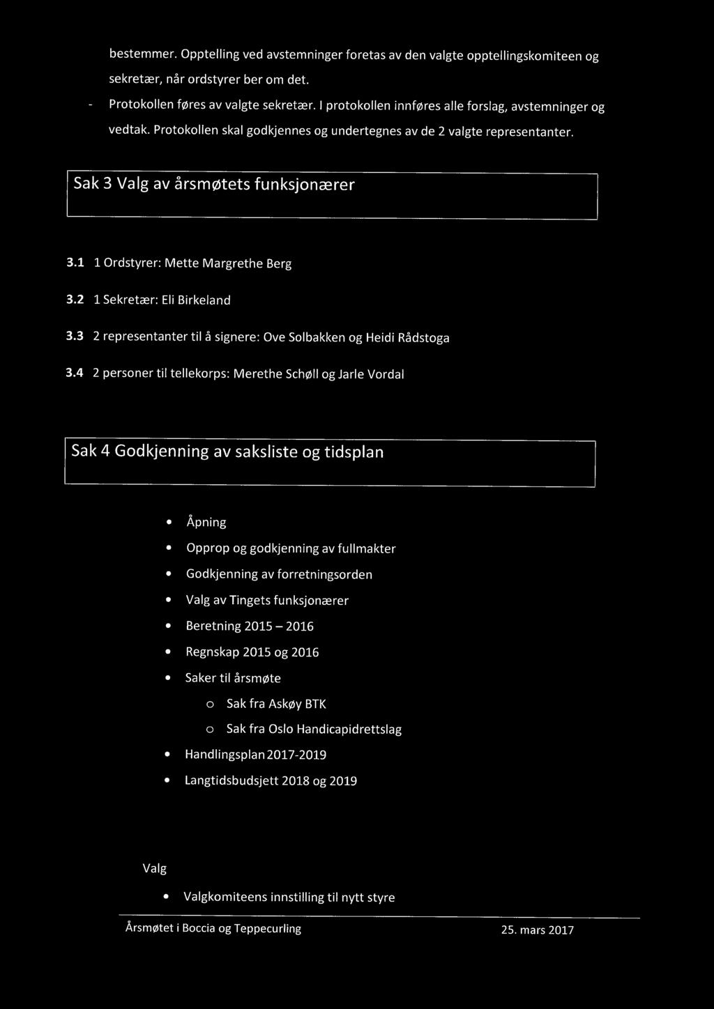 1 1 Ordstyrer: Mette Margrethe Berg 3.2 1 Sekretær: Eli Birkeland 3.3 2 representanter til å signere: Ove Solbakken og Heidi Rådstoga 3.