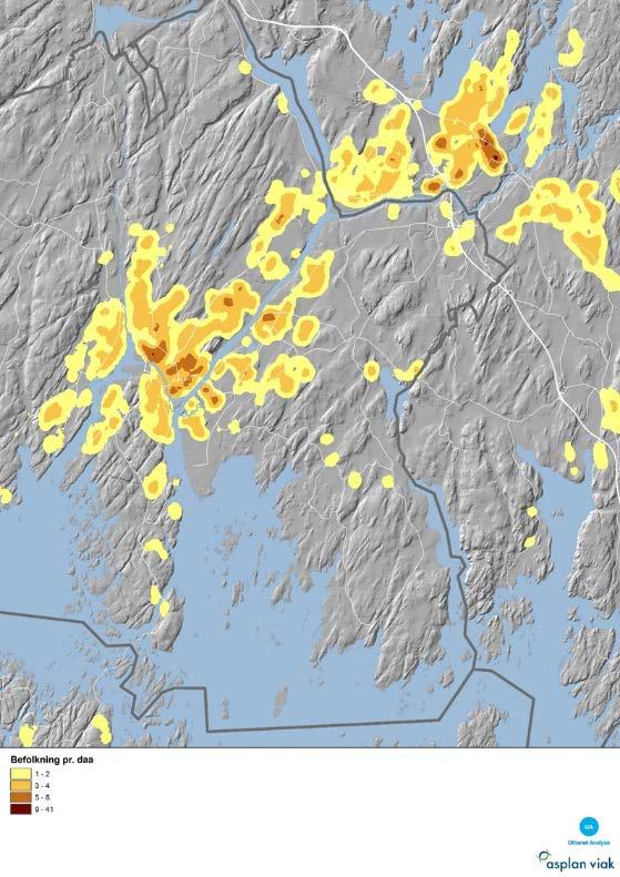 Figur 3.1. Befolkningstetthet i bybåndet i Nedre Glomma.