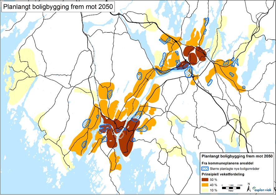 Figur 3.15. Overordnet fortettingsstrategi og planlagte nye utbyggingsområder i gjeldende kommuneplan for de to kommunene.