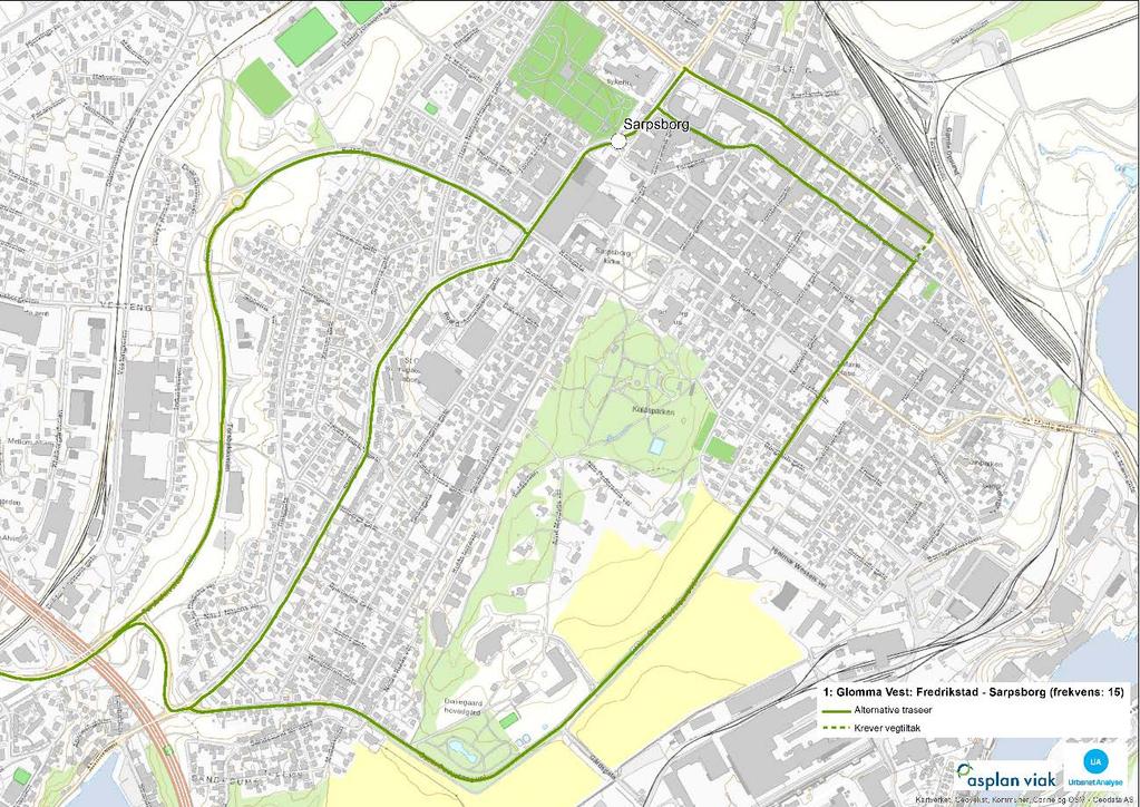 Figur 5.6: Traseer i Sarpsborg sentrum. Det forslås å la Rute 1: Glomma vest gå via enten Storgata eller fv. 109 Oscar Pedersens vei, fremfor fv. 109 Torsbekkveien hvor Glommaringen går i dag.